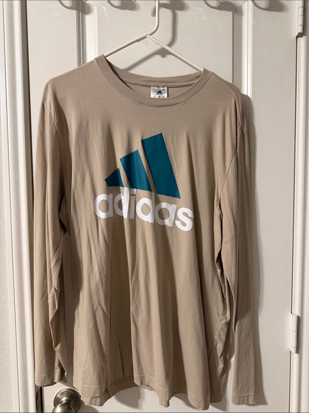 adidas Beige Long Sleeve Tee with Teal Logo
